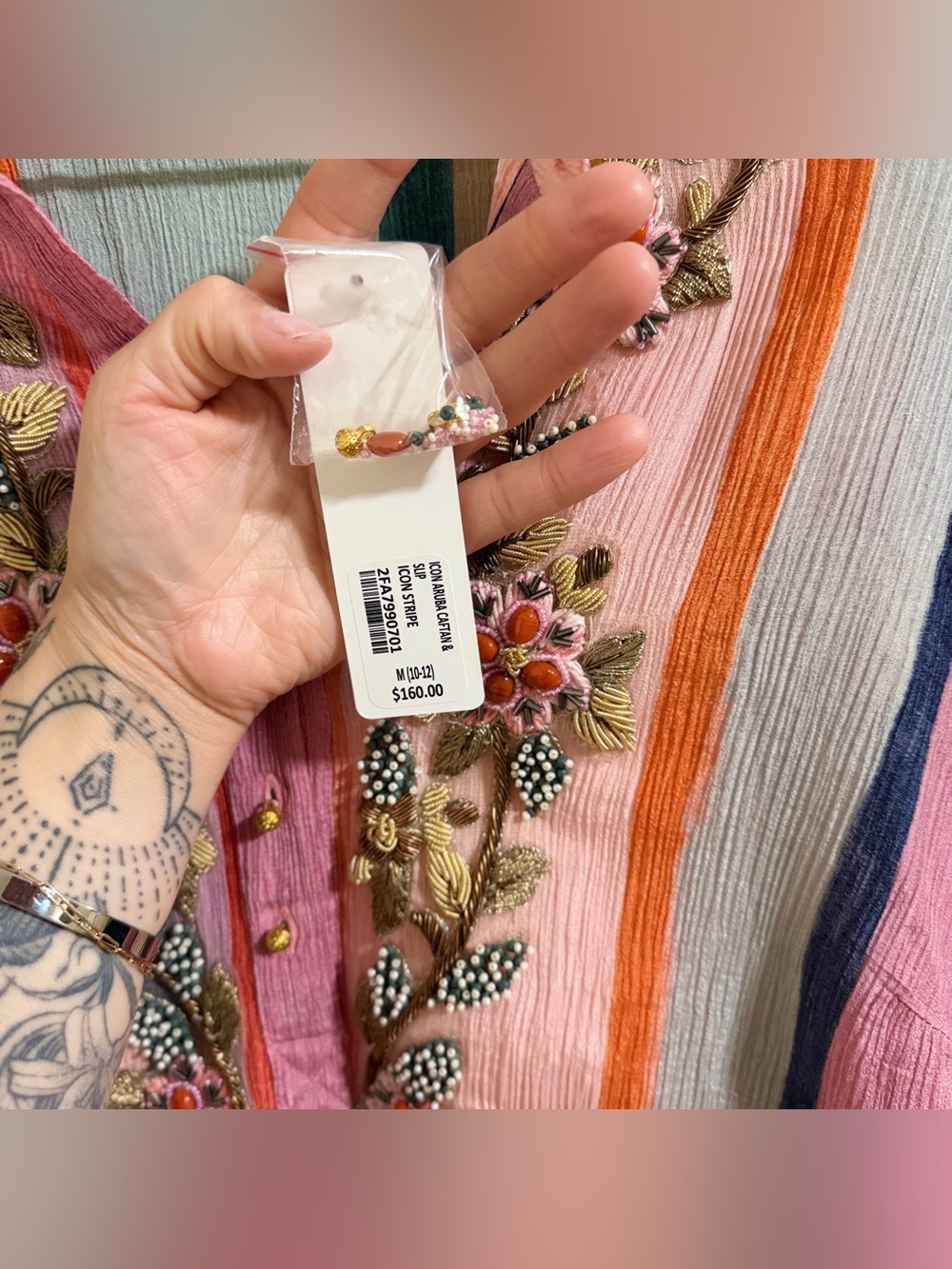 Soft Surroundings Aruba Striped Embroidered Gauze Caftan Maxi Dress M NWT - Picture 11 of 15